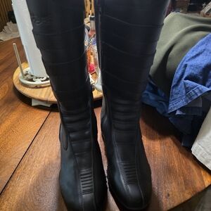 Sleek Black Mid-Calf Heeled Boots Leather Motorcycle Boots